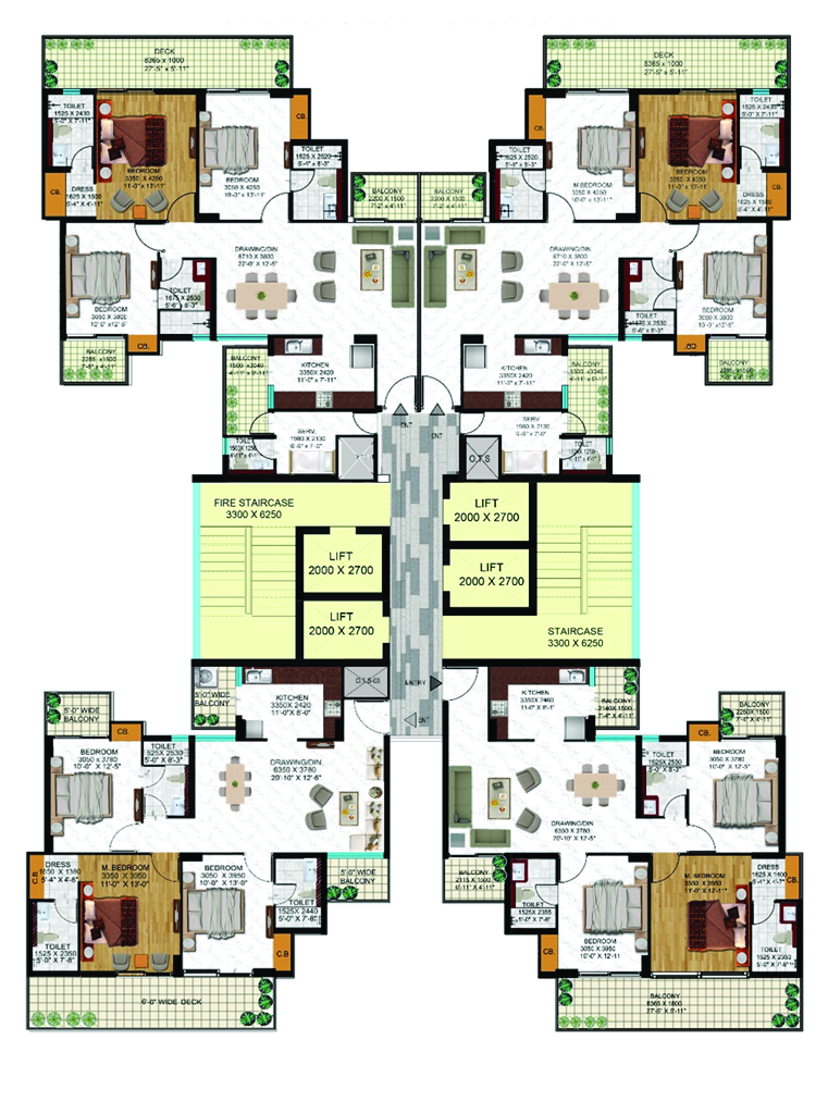 Aqua Casa Tower Cluster Floor Plan with 4 Flats and 4 High-Speed Lifts Per Floor